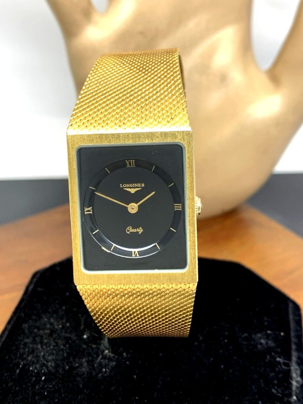 Longines Men's Watch Vintage Swiss Quartz Black Dial Gold Stainless Steel Tank